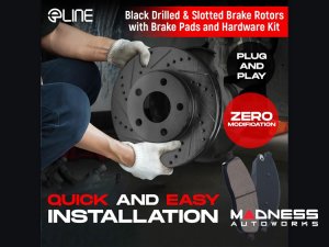 Alfa Romeo Stelvio Brake Kit - 2.0L - Front - R1 Concepts - Optimum OEp Brake Pads - eLINE Black Drilled + Slotted Rotors